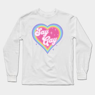 Say Gay Kids Retro Rainbow Heart LGBTQ Kawaii Cute Gay Pride Long Sleeve T-Shirt